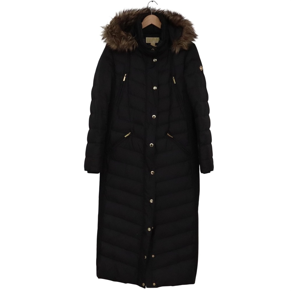 Michael Kors Puffer Coat Womens Medium Maxi Long Hooded Faux Fur Black Fair